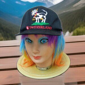 Switzerland Hat Cow Embroidery w/ Bell Snapback Cap Vintage Melpa Bulle